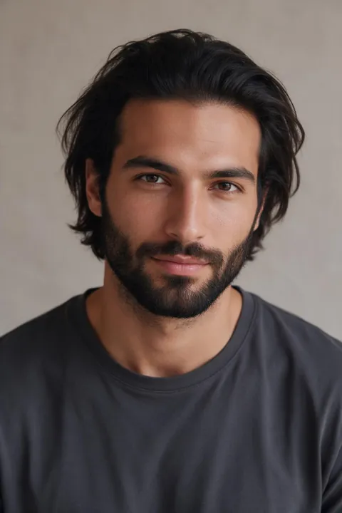 Omar's photo: thick dark hair grown out to the jaw and a full, untrimmed beard.